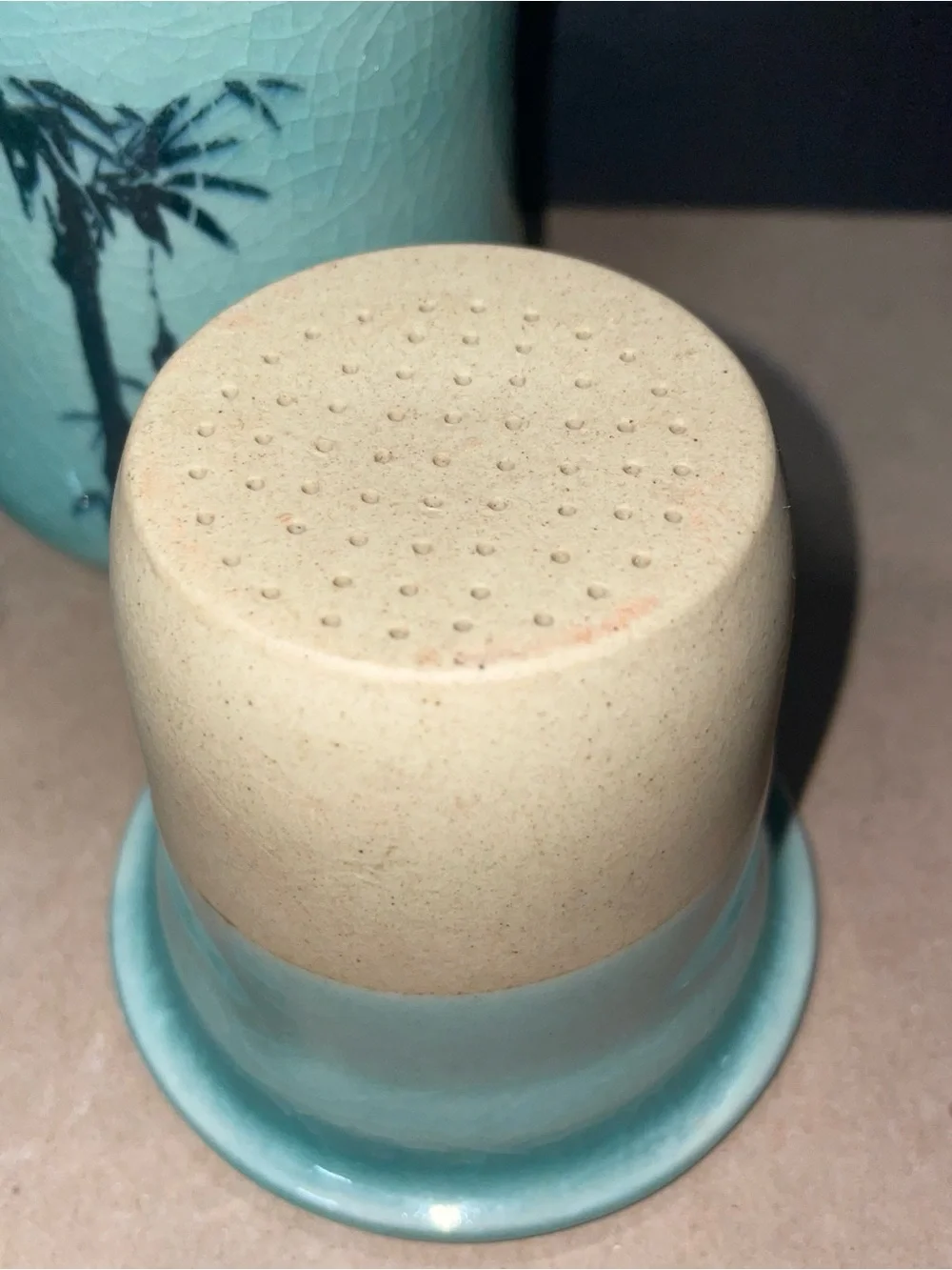 Celadon Green Lidded Tea Mug with Bamboo Motif